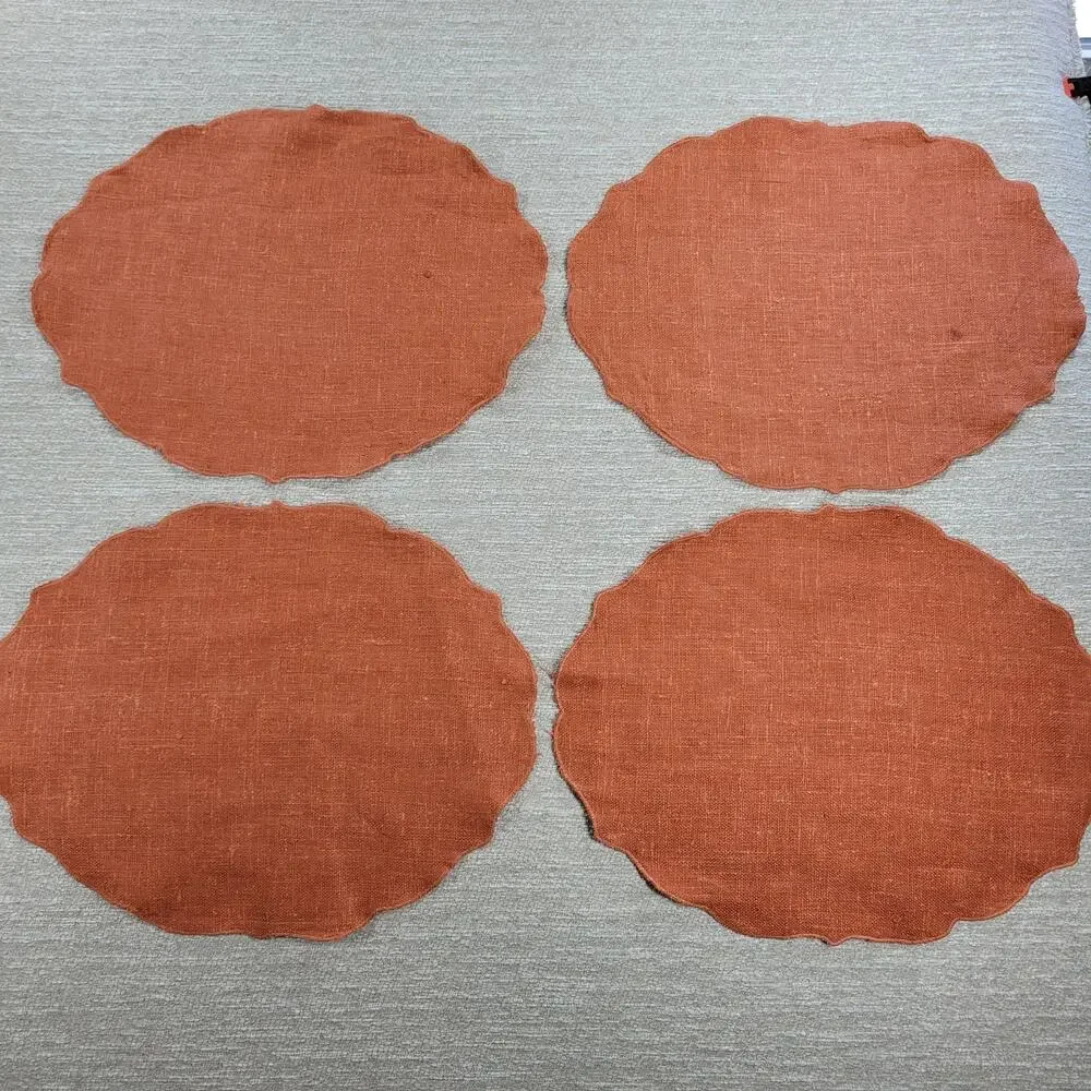 VTG Williams Sonoma Linen Placemats Pumpkin Orange Scalloped Edge Oval Set of 4